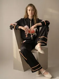 Retro contrast piping loose two-piece horse print stand-collar zipper jacket wide-leg pants set