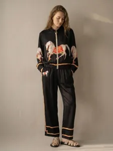 Vintage colorblock trimmed horse print zip up jacket and wide leg pants two piece set