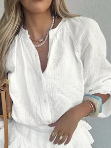 Weißes texturiertes Langarmhemd und Rock Zweiteiler Set, lässiger schicker eleganter Damen Look.