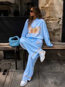Retro color-blocked piping loose two-piece horse print stand collar zip jacket wide leg pants