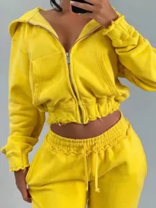 Yellow cropped zip hoodie and sweatpants set raw hem casual sporty two-piece outfit