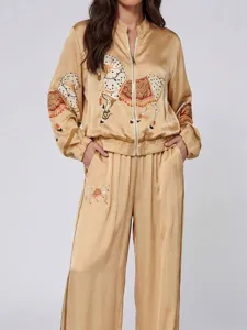 Vintage silk-like two piece set featuring elegant horse embroidery, zip jacket and wide pants.