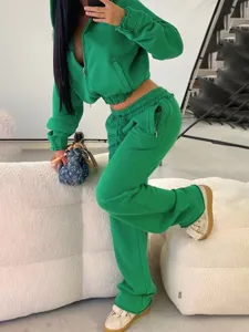 Detailed view of the trendy green cropped hoodie and wide leg sweatpants outfit in a bright studio.
