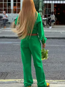 Green cropped hoodie and wide leg sweatpants set casual raw edge two piece outfit for women
