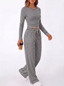 Black white striped long sleeve top wide leg pants casual two piece set for women.