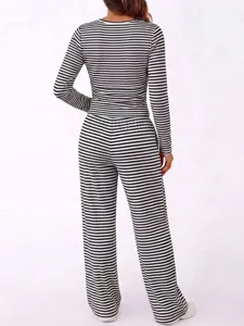 Black and white striped long sleeve top and loose pants casual two piece set detail view.