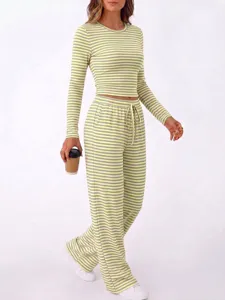 Striped long sleeve top and wide leg pants loungewear set detail view showing fabric texture