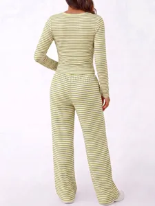 Back view details of the yellow and grey striped long-sleeve lounge set, comfortable wear.