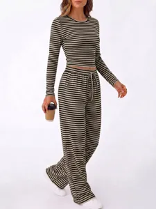 Detail view of women's striped long sleeve top and wide leg pants casual lounge set.