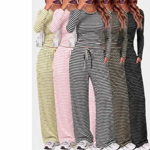 Women Casual Top And Bottom Round Neck Long Sleeve Pullover Wide Leg Pants Ribbed Knit Striped Solid Loungewear Outfit Sweatsuit With Pockets