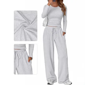 Women long sleeve crewneck top wide leg pants lounge set casual two piece outfit
