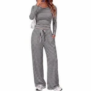 Casual Black and White Striped Long Sleeve Top and Wide Leg Pants Two Piece Set for Women