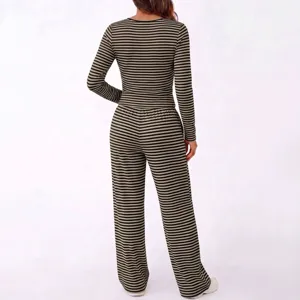 Casual striped two-piece set featuring a crewneck long sleeve top and wide leg pants for daily wear.