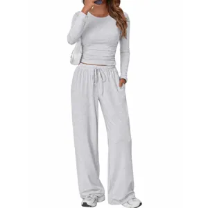 Casual long sleeve top and wide leg pants two piece lounge set for women daily wear.
