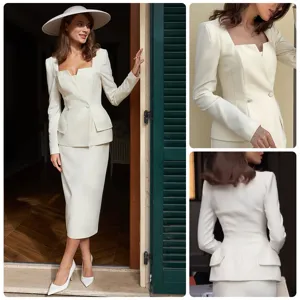 Elegant white French square neck blazer and high waist midi skirt two piece set details.