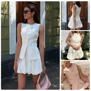 Detailed views of the stylish sleeveless button-down vest and bubble skirt two-piece set.