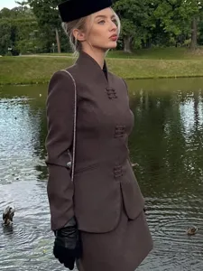 Damen Retro Stehkragen Blazer Top And Bottom Gestricktes Polyester Tailliert Minirock Pendeln Elegantes Herbst Outfit