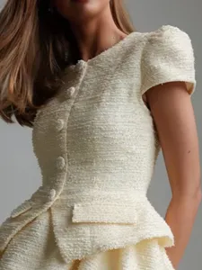 Ivory tweed short sleeve peplum dress, classic elegant round neck chic slim fit party outfit.