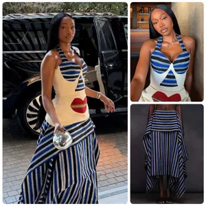 Detailed view of vintage resort style two-piece set featuring striped halter top and skirt.