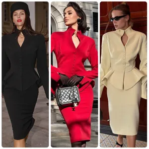 French chic stand collar cutout peplum blazer and midi pencil skirt elegant suit set.