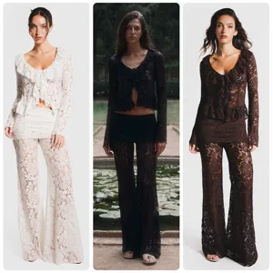 Lace ruffled v-neck crop top and wide leg pants set, elegant vacation two piece outfit.