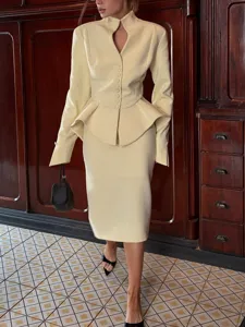 French style elegant stand collar cutout single-breasted peplum blazer midi skirt set