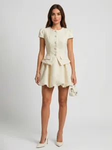 Elegant Ivory White Tweed Dress For Women Round Neck Short Sleeve Fake Two-Piece Slim Fit Peplum Hem Socialite Style Mini Dress