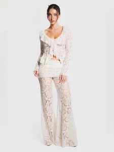 Women Lace Ruffle V-Neck Tie-Front Long Sleeve Crop Top And Wide Leg Pants Top And Bottom Resort Style Casual Outfit