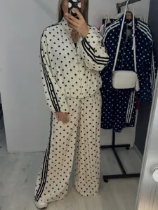 Polka dot tracksuit zip jacket wide leg pants vintage sports style casual two piece set