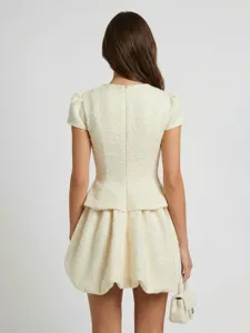 Ivory tweed short sleeve peplum bubble dress elegant chic women mini dress with matching bag