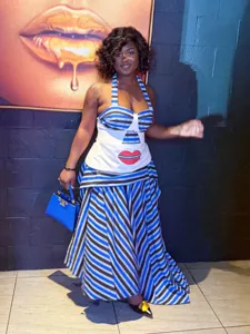 Women Retro Vacation Style Halter Neck Top And Striped Maxi Skirt Set Printed Red Lips Design Woven Polyester Outfits