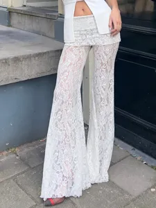 White lace two piece set flare pants crop top elegant vacation style summer fashion outfit