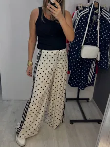 Retro polka dot wide leg pants set with sporty side stripes and matching casual outfit