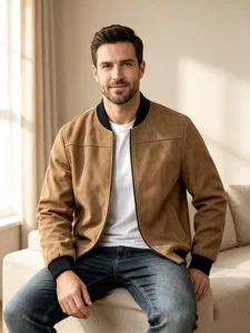 Men's Suede Bomber Jacket Casual Long Sleeve Zip Up Outerwear For Autumn And Winter