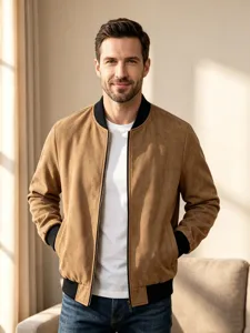 Men brown faux suede bomber jacket casual long sleeve outerwear detailed showcase style.