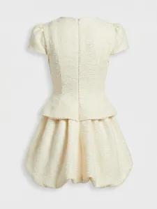 Ivory tweed short sleeve mini dress, elegant fake two-piece bubble skirt design for women.