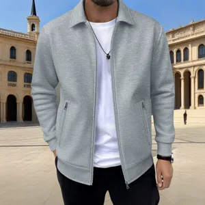 Men's waffle knit full-zip lapel jacket with dual side zipper pockets in solid grey color.