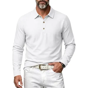 Men's long sleeve linen polo shirt casual lapel three button henley top detail view