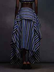 Detailed back view of the stylish striped two-piece set featuring a trendy top and long skirt.