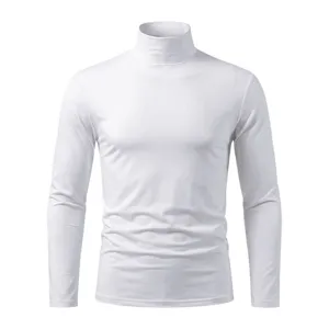 Men's white long sleeve turtleneck t-shirt, slim fit basic autumn winter inner wear apparel.