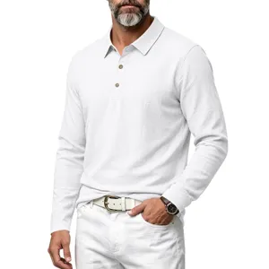 Close-up details of mens long sleeve linen texture polo shirt with lapel and buttons.
