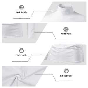 Men white mock neck long sleeve t-shirt detail view showing collar cuff hem and fabric.