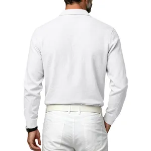 Men long sleeve linen texture polo shirt back view detail, casual lapel design, white shirt.