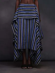 Stylish striped asymmetrical long skirt set with unique layered design and drape texture.
