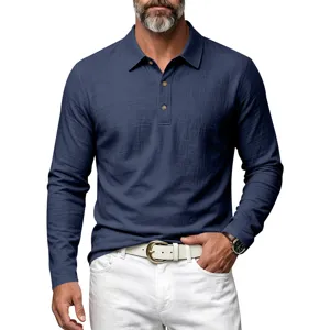 Men's long sleeve polo shirt, linen texture casual henley top with lapel and button closure.