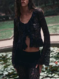 Black lace two-piece set crop top and pants featuring v-neck and ruffle details for women.
