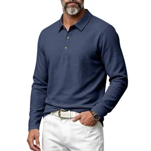 Men's long sleeve polo shirt with linen texture, classic lapel, and three-button placket detail.