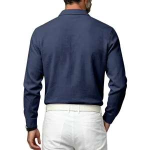 Back view detail of mens linen texture long sleeve polo shirt, showing neat tailoring and fabric.