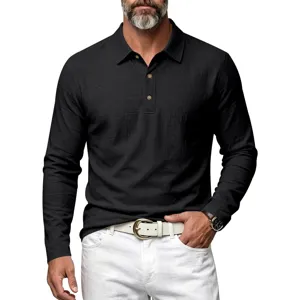 Mens long sleeve linen texture polo shirt slim fit casual button down top detail view