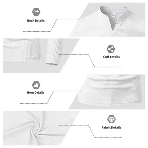 Détails de gros plan du t-shirt à col en V à manches longues côtelé blanc pour homme.